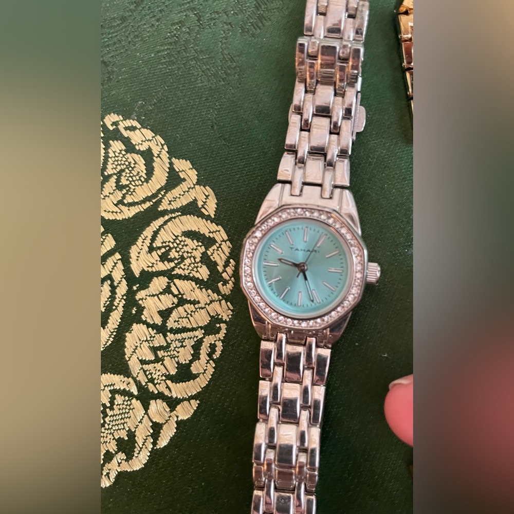 Tahari Ladies Silver Watch with Aqua and Rhinestone Dial